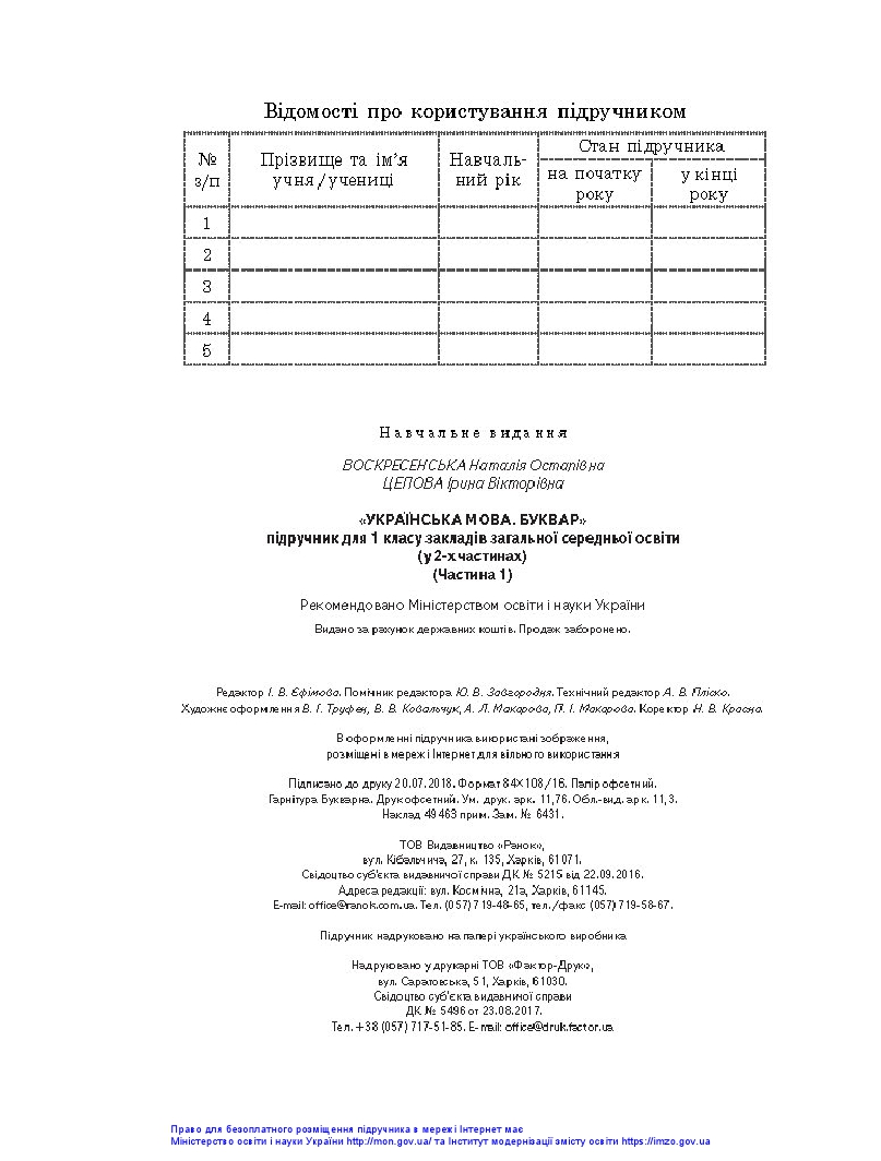 Українська мова. Буквар 1 клас Воскресенська Н. О., Цепова І. В. 2018